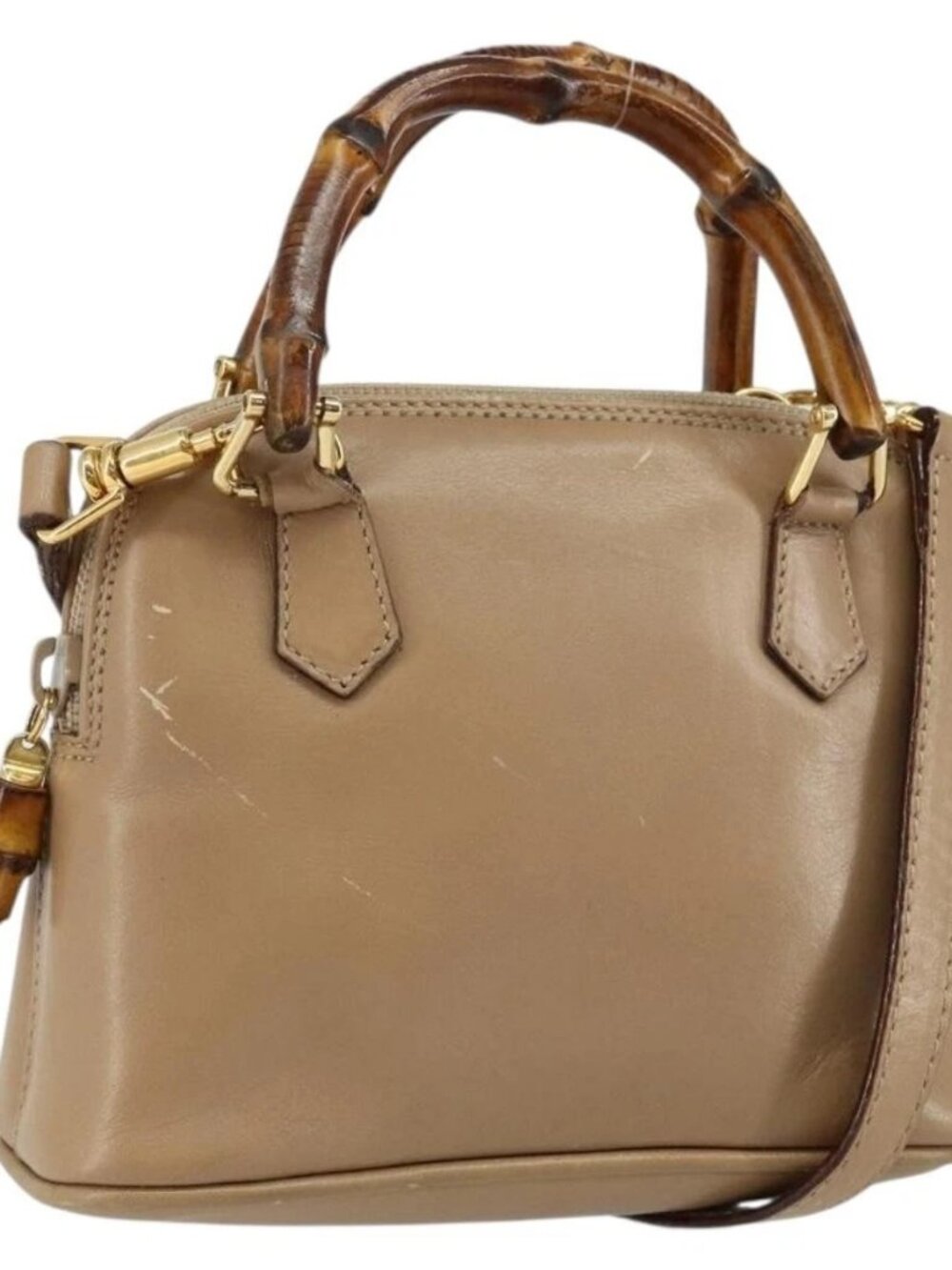 GUCCI Bamboo Hand Bag Leather 2way Beige Gold 007 2865 0231 Auth